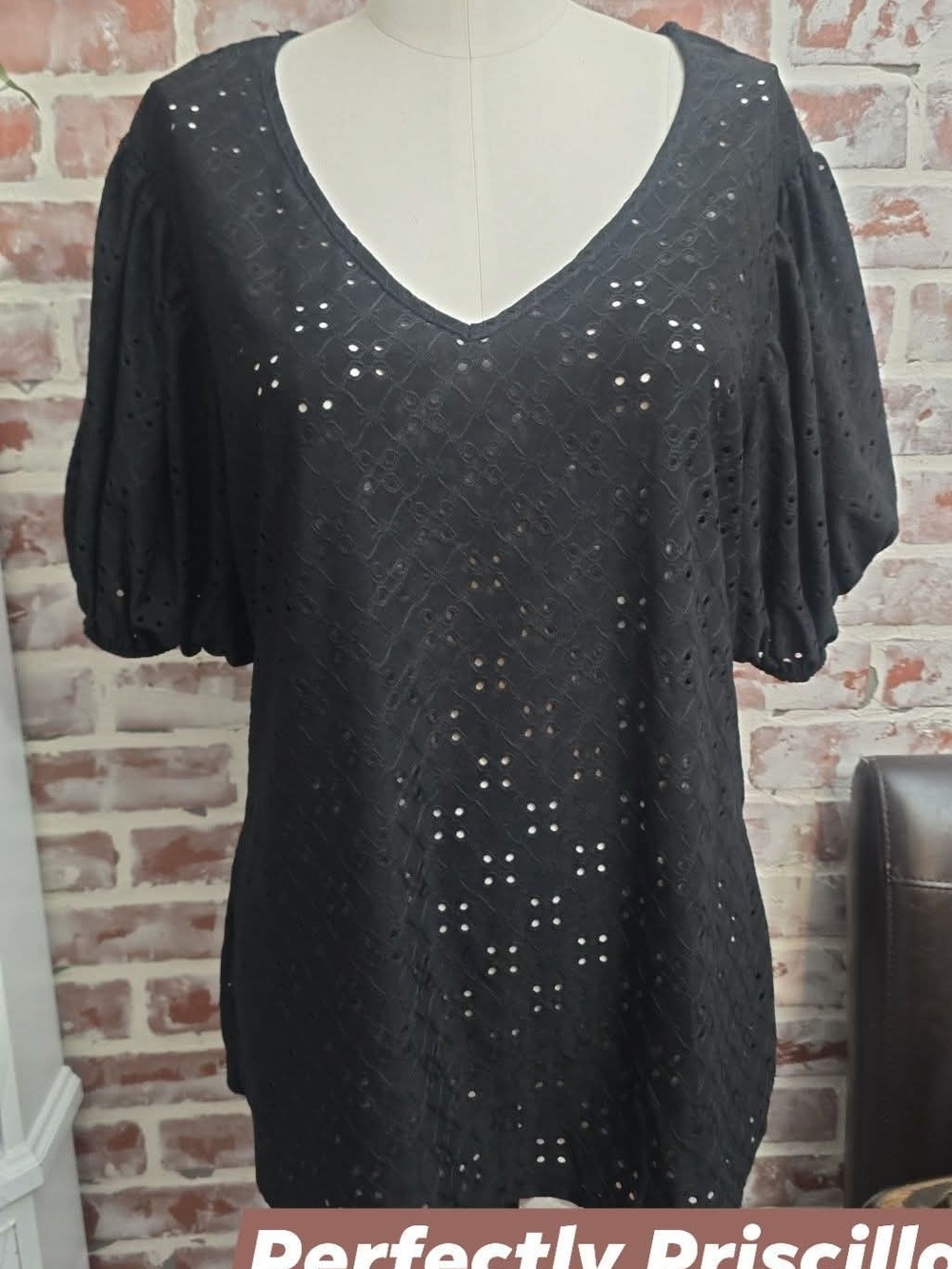 Women’s Black Eyelet V-Neck Blouse with Puff Sleeves